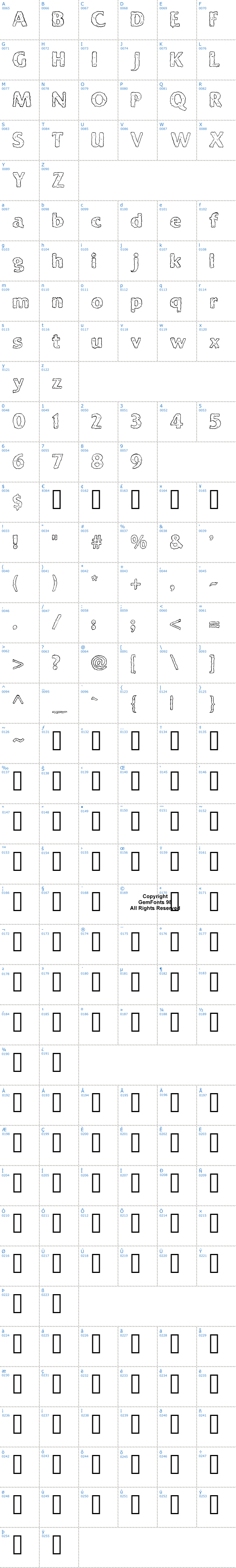 Vollständige Schriftzeichen bersicht: Ooky Schriftart