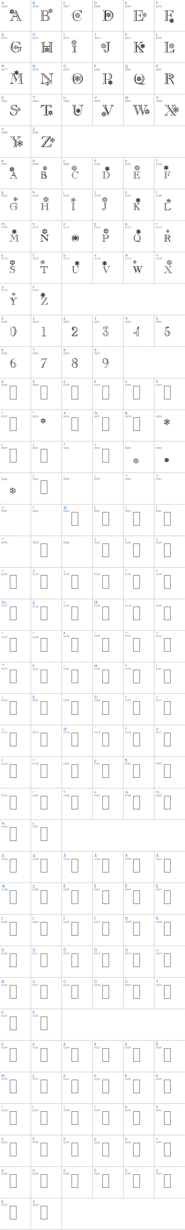 Vollständige Schriftzeichen bersicht: Flakes Schriftart