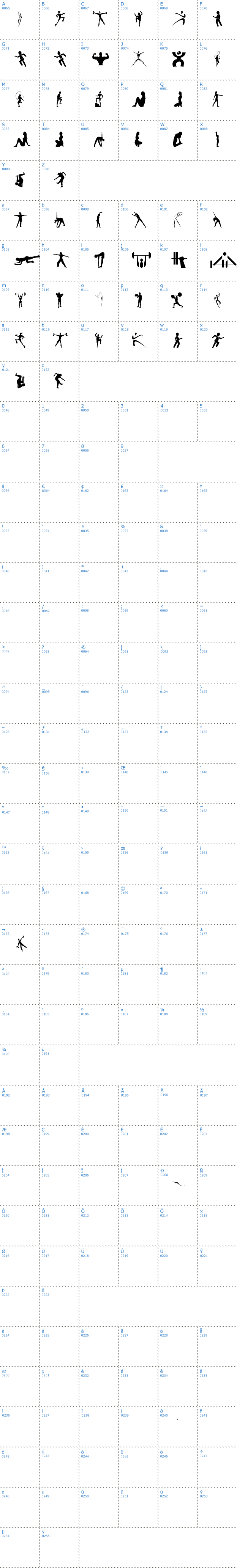 Vollständige Schriftzeichen bersicht: Fitness Silhouettes Schriftart