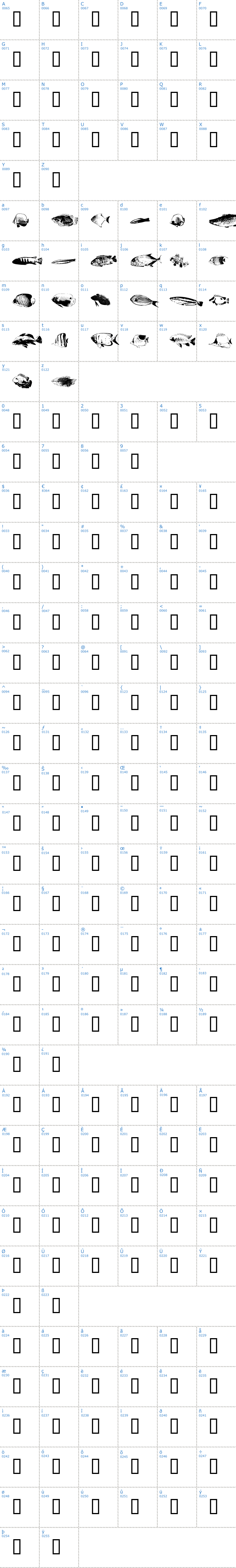 Vollständige Schriftzeichen bersicht: FishyPrint AOE Schriftart