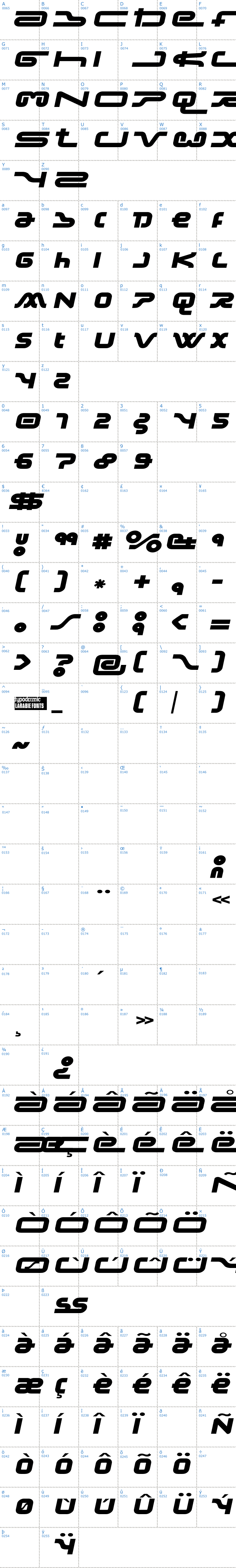 Vollständige Schriftzeichen bersicht: Frozedotre Schriftart