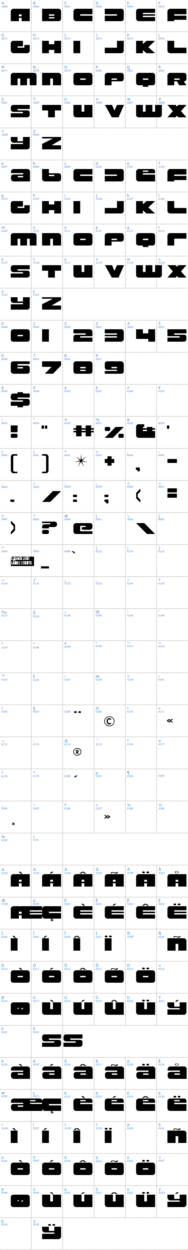 Vollständige Schriftzeichen bersicht: Rustproof Body Schriftart