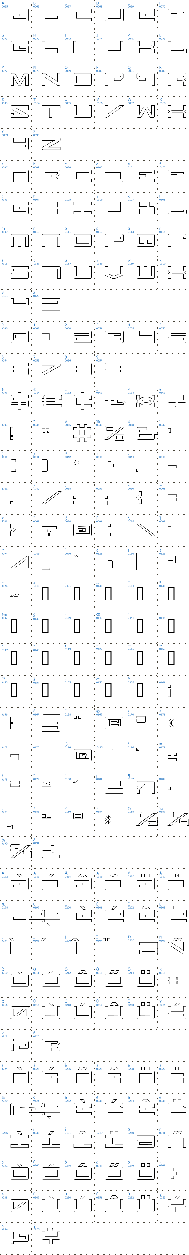 Vollständige Schriftzeichen bersicht: Legion Outline Schriftart