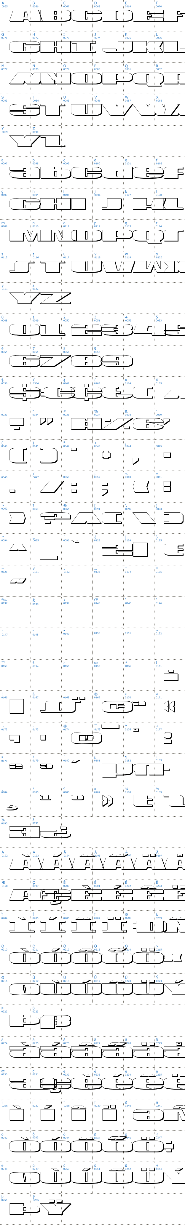 Vollständige Schriftzeichen bersicht: USA Shadow Schriftart