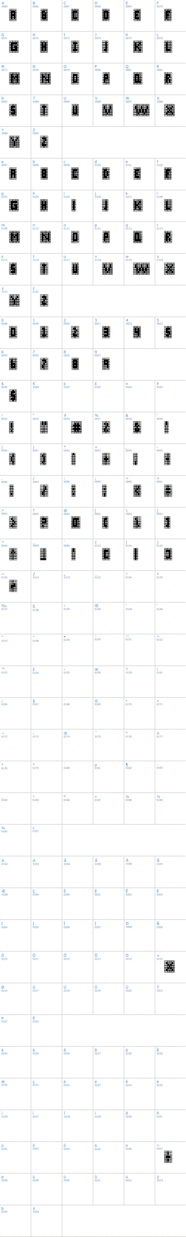 Vollständige Schriftzeichen bersicht: X-Grid Schriftart