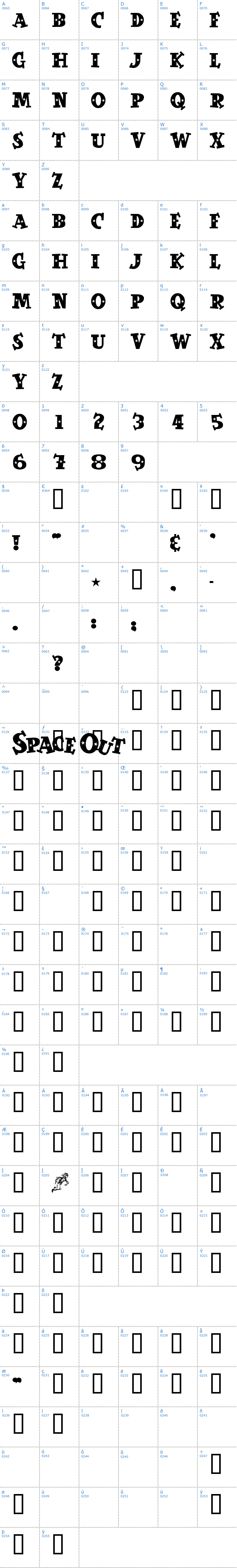 Vollständige Schriftzeichen bersicht: Space Out Schriftart