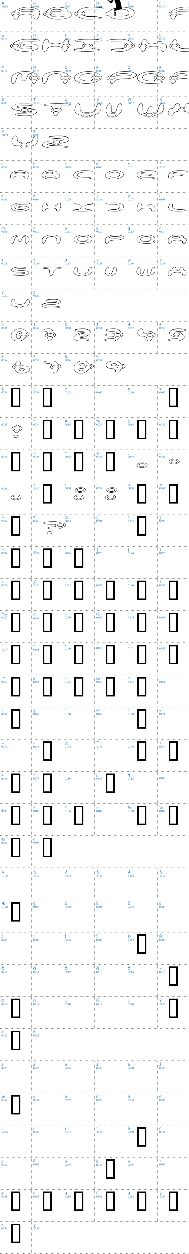 Vollständige Schriftzeichen bersicht: Alienation Outline Schriftart