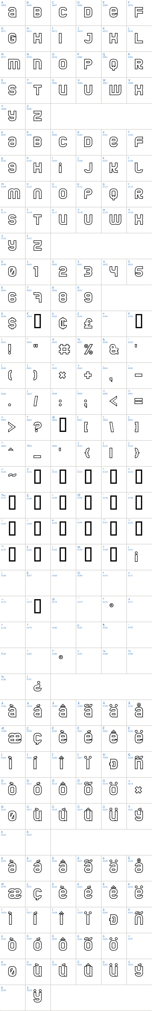 Vollständige Schriftzeichen bersicht: Jumbo Outline Schriftart