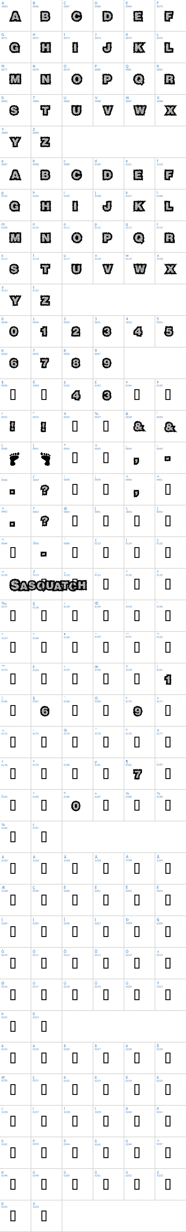 Vollständige Schriftzeichen bersicht: Sasquatch Schriftart