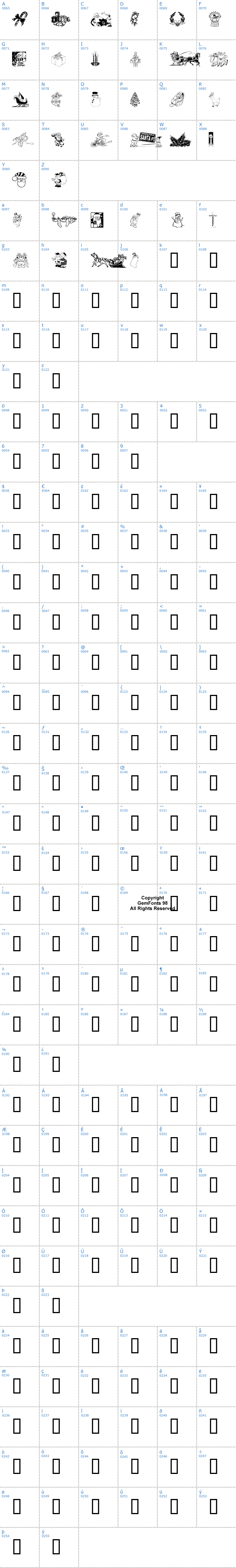 Vollständige Schriftzeichen bersicht: XmasClipart2 Schriftart